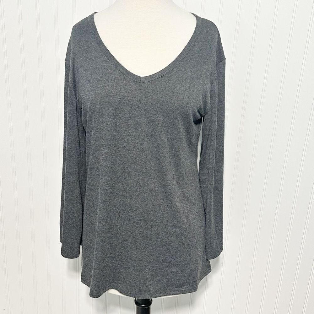 Women's V Neck Front Back‎ Bell Sleeve Pullover Top Charcoal Gray Size Medium